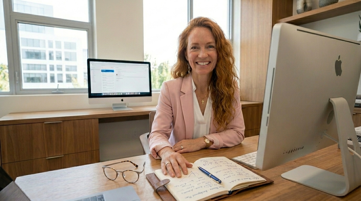 Deborah from Comfort BioHack working on research at her office desk