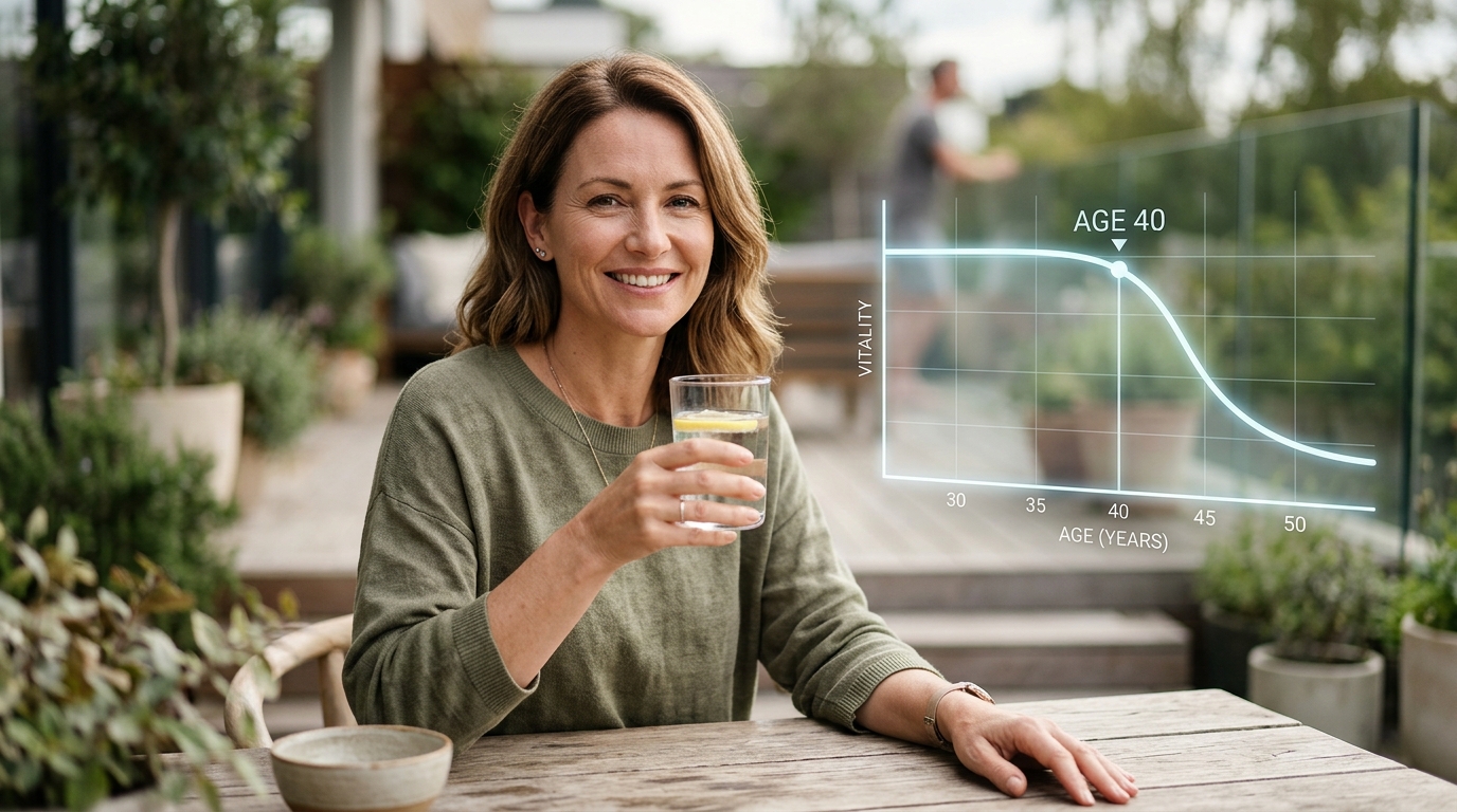 Woman over 40 with a holographic graph showing vitality drop